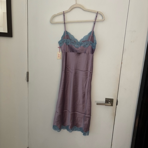 NWT Vintage Y2K Gold Hawk 100% Silk Midi Dress S Sleeveless Slip Lace Lavender - Picture 2 of 7